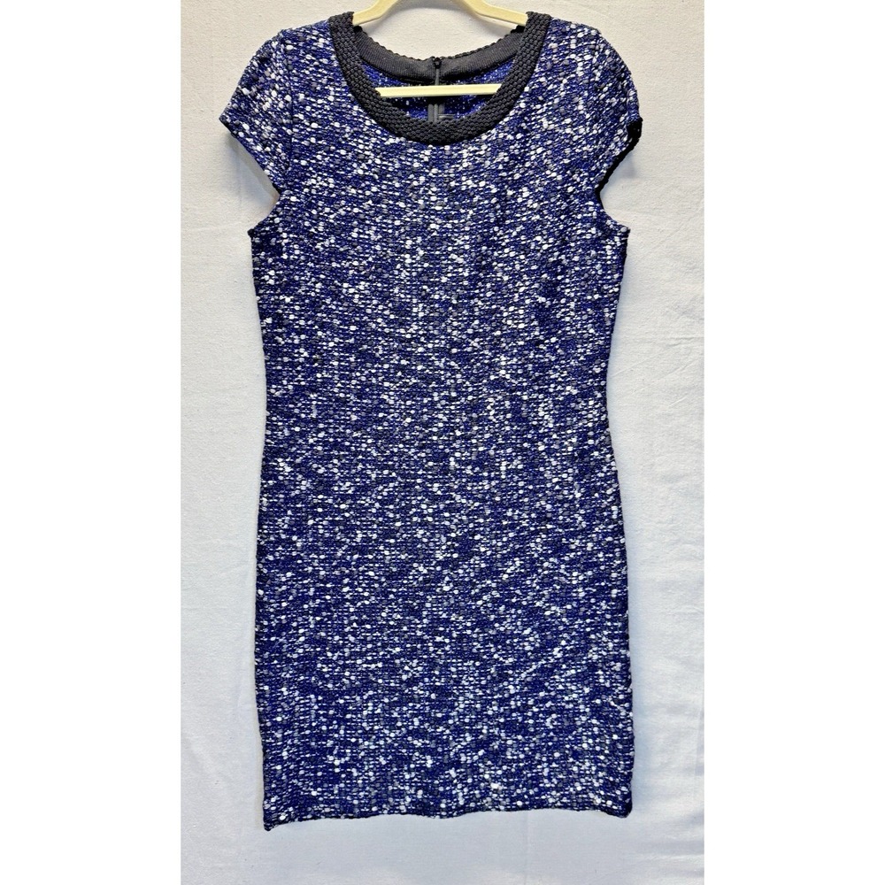 St. John Knit Sheath Dress Women 12 Blue Boucle Cap‎ Sleeve Professional Classic